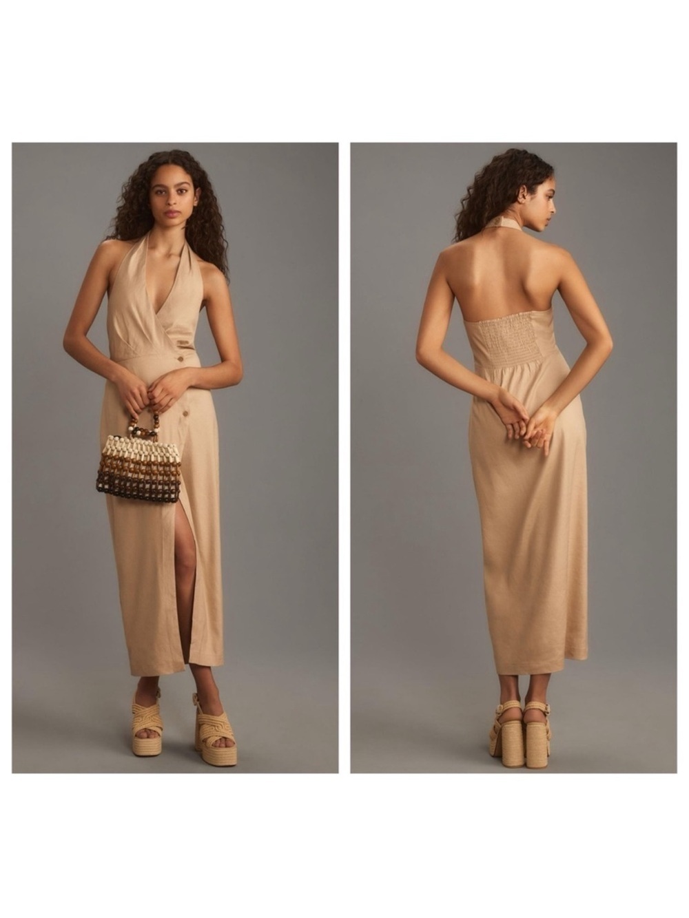 By Anthropologie Linen Halter V-Neck Wrap Column Midi Dress New Size Small